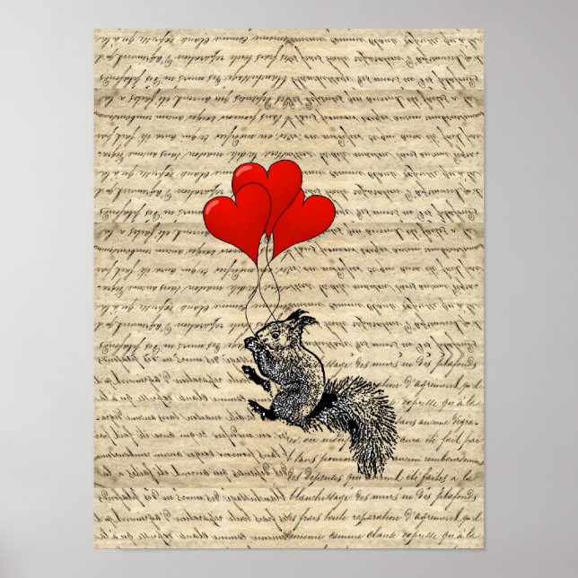 Squirrel and heart balloons poster (Front)