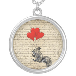 Squirrel and heart balloons silver plated necklace