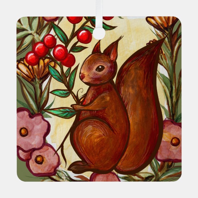 Squirrel and Holly winter Red Squirrels            Metal Ornament (Front)