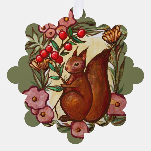 Squirrel and Holly winter Red Squirrels            Ornament Card (Front)