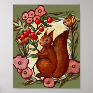 Squirrel and Holly winter Red Squirrels            Poster