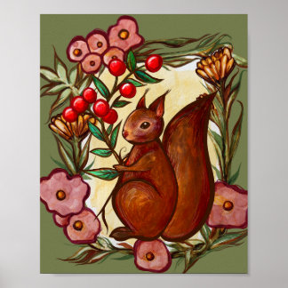 Squirrel and Holly winter Red Squirrels            Poster