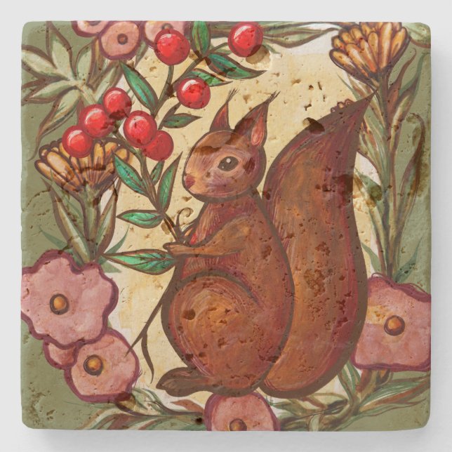 Squirrel and Holly winter Red Squirrels            Stone Coaster (Front)