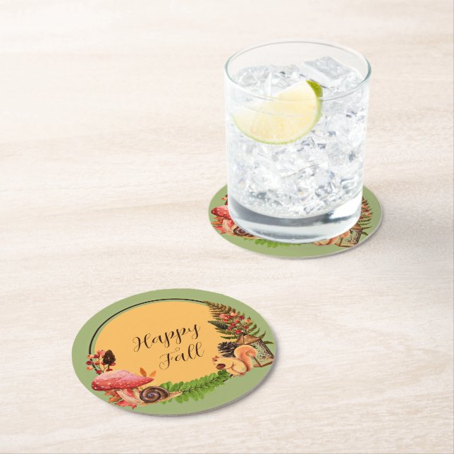 Squirrel and nature with customizable text  round paper coaster (Insitu)