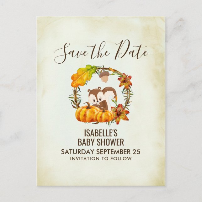 Squirrel and Pumpkins Fall Rustic STD Announcement Postcard (Front)
