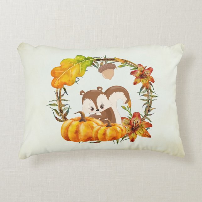 Squirrel and Pumpkins Rustic Wreath Accent Pillow (Front)