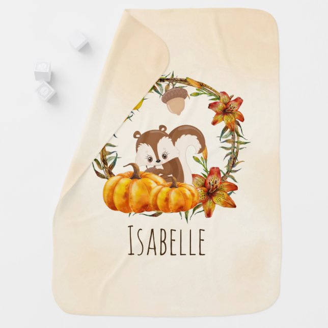 Squirrel and Pumpkins Rustic Wreath Baby Blanket (In Situ)