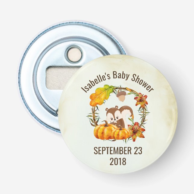 Squirrel and Pumpkins Rustic Wreath Baby Shower Bottle Opener (Front)