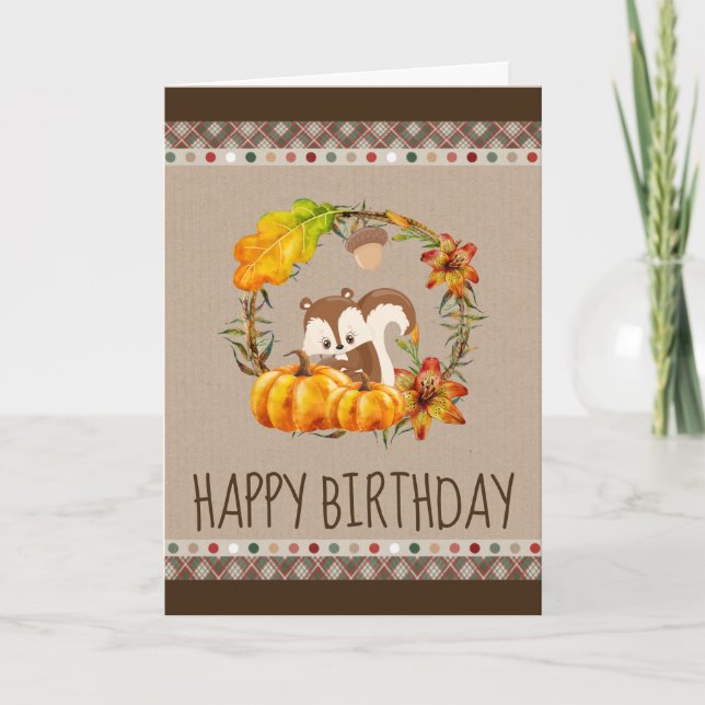 Squirrel and Pumpkins Rustic Wreath Birthday Card (Front)