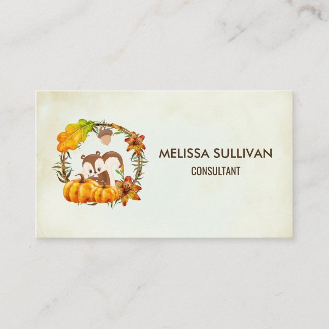 Squirrel and Pumpkins Rustic Wreath Business Card (Front)