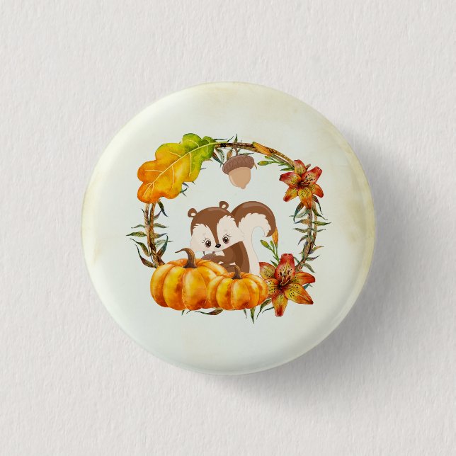 Squirrel and Pumpkins Rustic Wreath Button (Front)