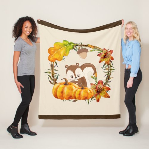 Squirrel and Pumpkins Rustic Wreath Fleece Blanket