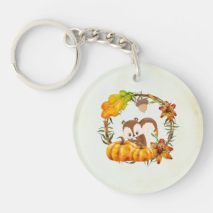 Squirrel and Pumpkins Rustic Wreath Keychain