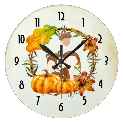 Squirrel and Pumpkins Rustic Wreath Large Clock