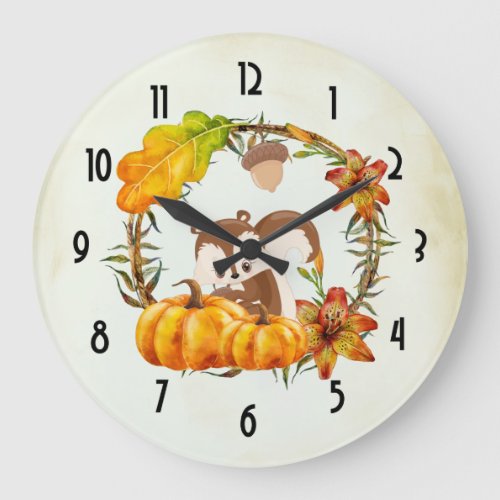 Squirrel and Pumpkins Rustic Wreath Large Clock