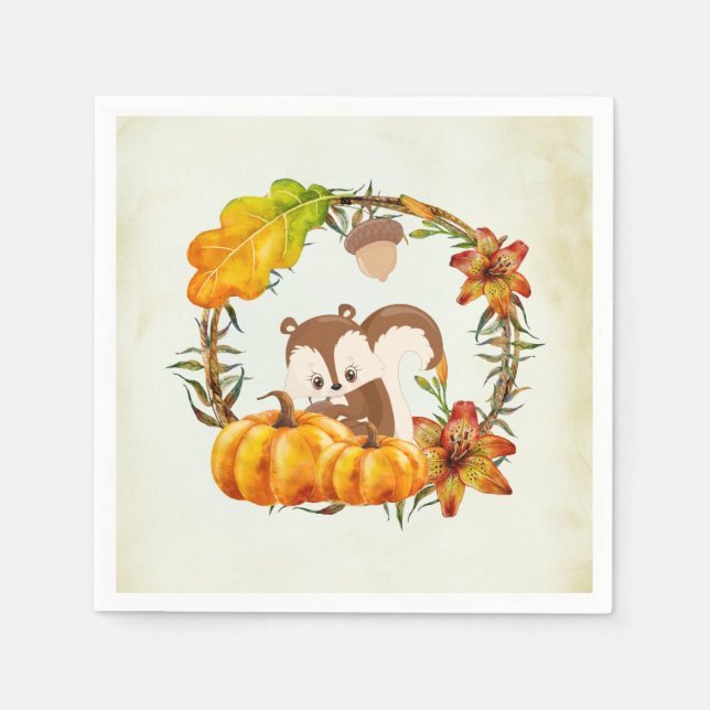 Squirrel and Pumpkins Rustic Wreath Napkins (Front)