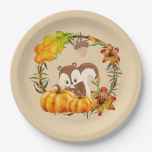 Squirrel and Pumpkins Rustic Wreath Paper Plates