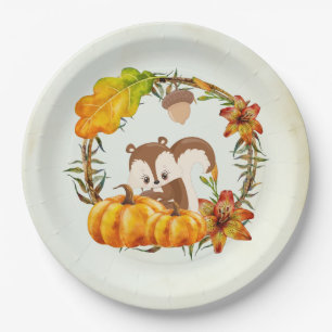 Squirrel and Pumpkins Rustic Wreath Paper Plates