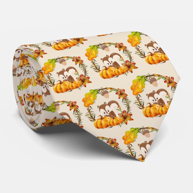 Squirrel and Pumpkins Rustic Wreath Pattern Neck Tie (Rolled)