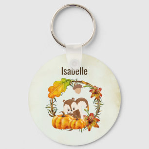 Squirrel and Pumpkins Rustic Wreath Personalized Keychain