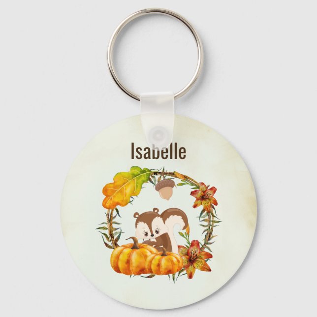 Squirrel and Pumpkins Rustic Wreath Personalized Keychain (Front)