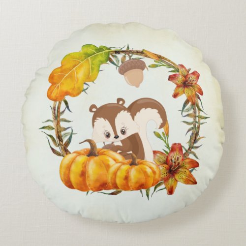 Squirrel and Pumpkins Rustic Wreath Round Pillow