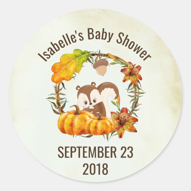Squirrel and Pumpkins Rustic Wreath STD Classic Round Sticker (Front)