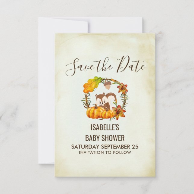 Squirrel and Pumpkins Rustic Wreath STD Save The Date (Front)