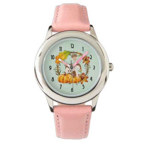 Squirrel and Pumpkins Rustic Wreath Watch