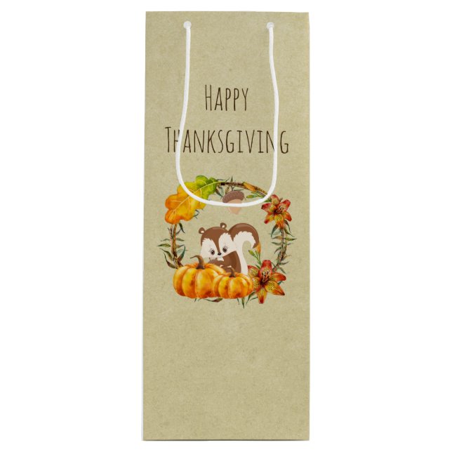 Squirrel and Pumpkins Rustic Wreath Wine Gift Bag (Front)