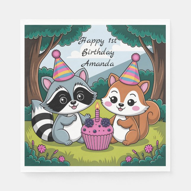 Squirrel and Raccoon cute Birthday Napkins (Front)