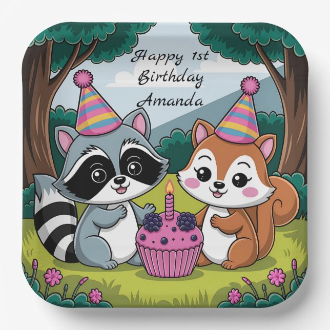 Squirrel and Raccoon cute Birthday Paper Plates (Front)