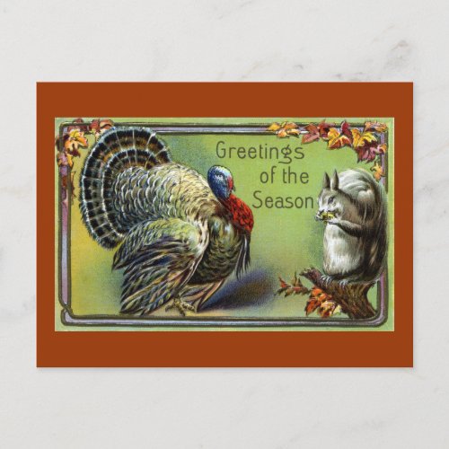 Squirrel and Turkey Vintage Thanksgiving Holiday Postcard