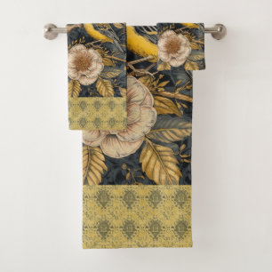 Squirrel and Yellow Canary with Flowers Pattern Bath Towel Set