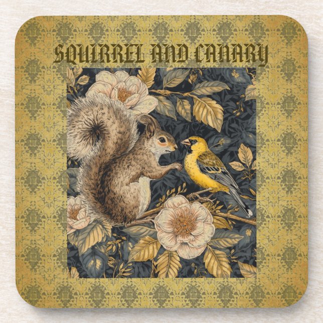 Squirrel and Yellow Canary with Flowers Pattern Beverage Coaster (Front)