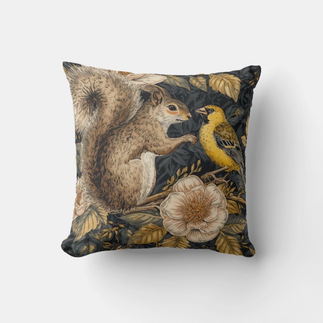 Squirrel and Yellow Canary with Flowers Pattern Throw Pillow (Front)