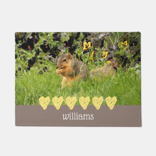 Squirrel and Yellow Hearts Personalized Doormat