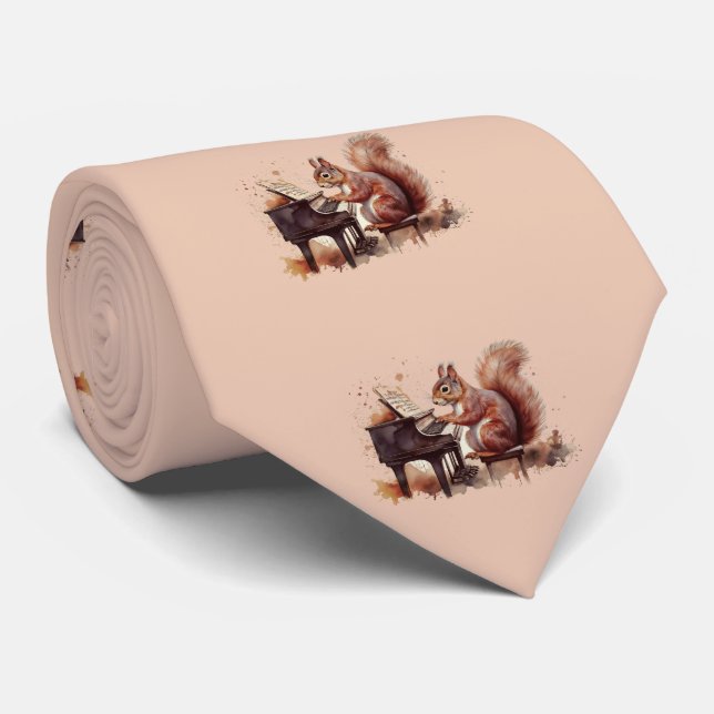 Squirrel Animal Playing Piano Neck Tie (Rolled)