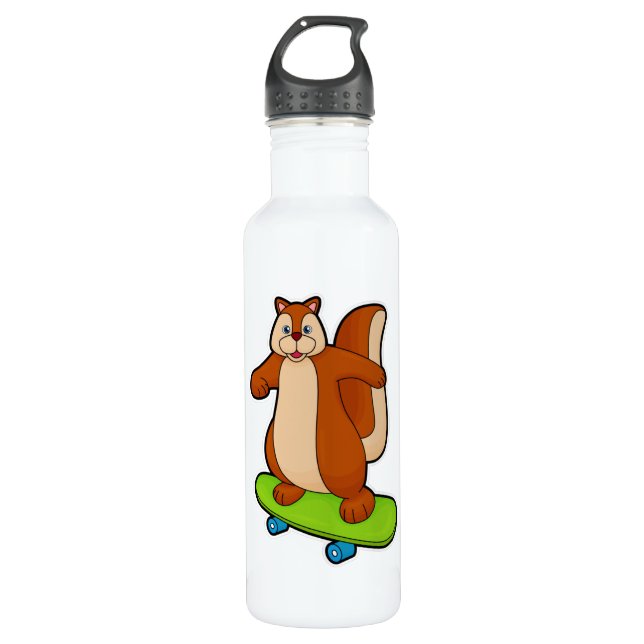 Squirrel as Skater with Skateboard Stainless Steel Water Bottle (Front)