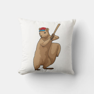 Squirrel at Baseball with Baseball bat Throw Pillow