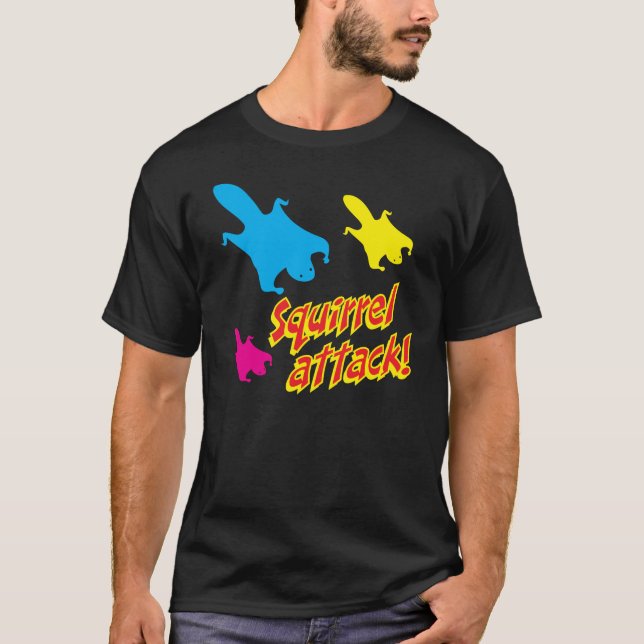Squirrel Attack! (red/yellow text) T-Shirt (Front)
