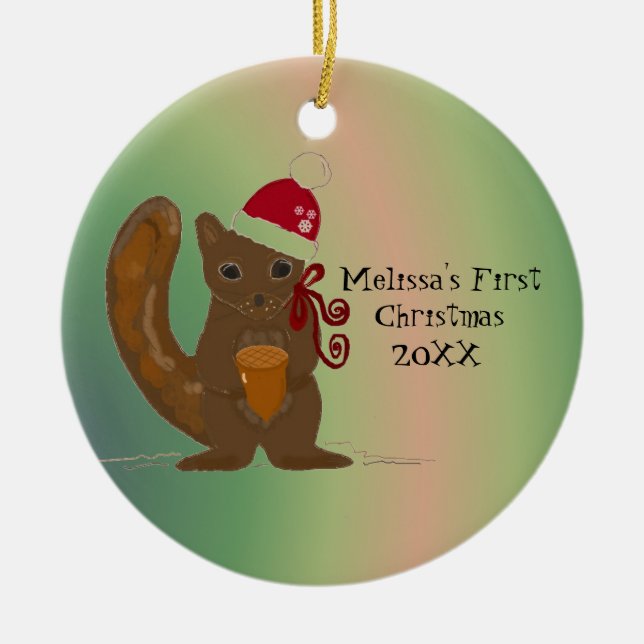 Squirrel Baby First Christmas Ceramic Ornament (Front)
