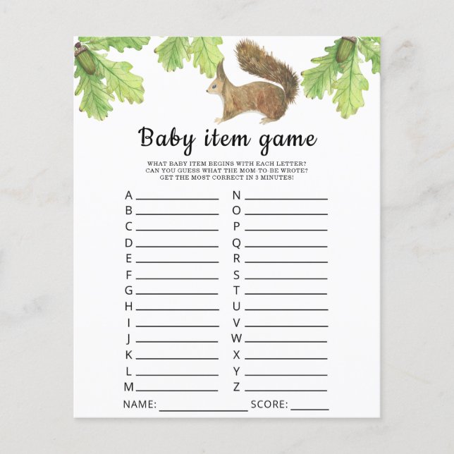Squirrel Baby Item Game. Baby Shower Game (Front)