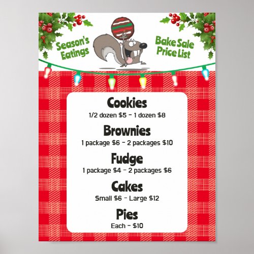 Squirrel bake sale holiday personalized price list poster