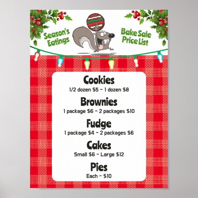 Squirrel bake sale holiday personalized price list poster (Front)