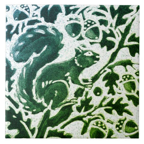 Squirrel Batik Modern Green Blue Floral Woodland Ceramic Tile