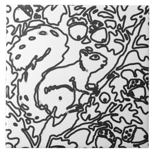 Squirrel Black White Art Drawing Woodland Animal Ceramic Tile