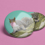 Squirrel Blowing a Bubblegum Bubble Animal Photo Button<br><div class="desc">Add some fun to your outfit with this quirky,  but cute button. The photo collage depicts a gray squirrel on the side of a mossy tree blowing a bubble with some pink bubblegum.</div>