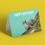 Squirrel Blowing a Bubblegum Bubble Birthday Card<br><div class="desc">This fun card is ready to be personalized with your own custom message on the front and on the inside. Features a photo of a gray squirrel on the side of a mossy tree blowing a bubble with some pink bubblegum.</div>