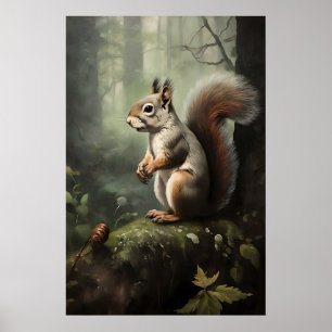 Squirrel Botanical Print, Dark Academia Forestcore Poster